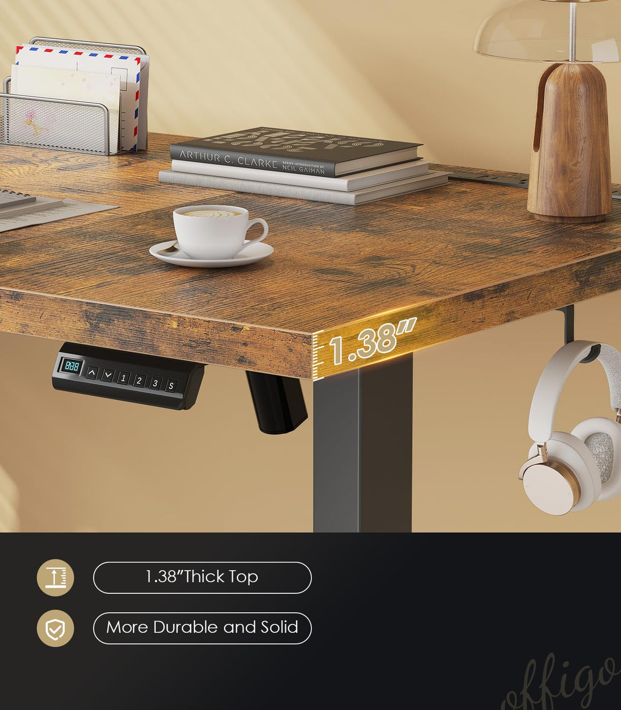 OffiGo Electric Standing Desk with 3-Piece Board, 71 Inch Height Adjustable Large Desk with Power Outlets, Sit Stand Table, Writing Computer Desk for Home, Office, Workstation, Rustic Brown OffiGo