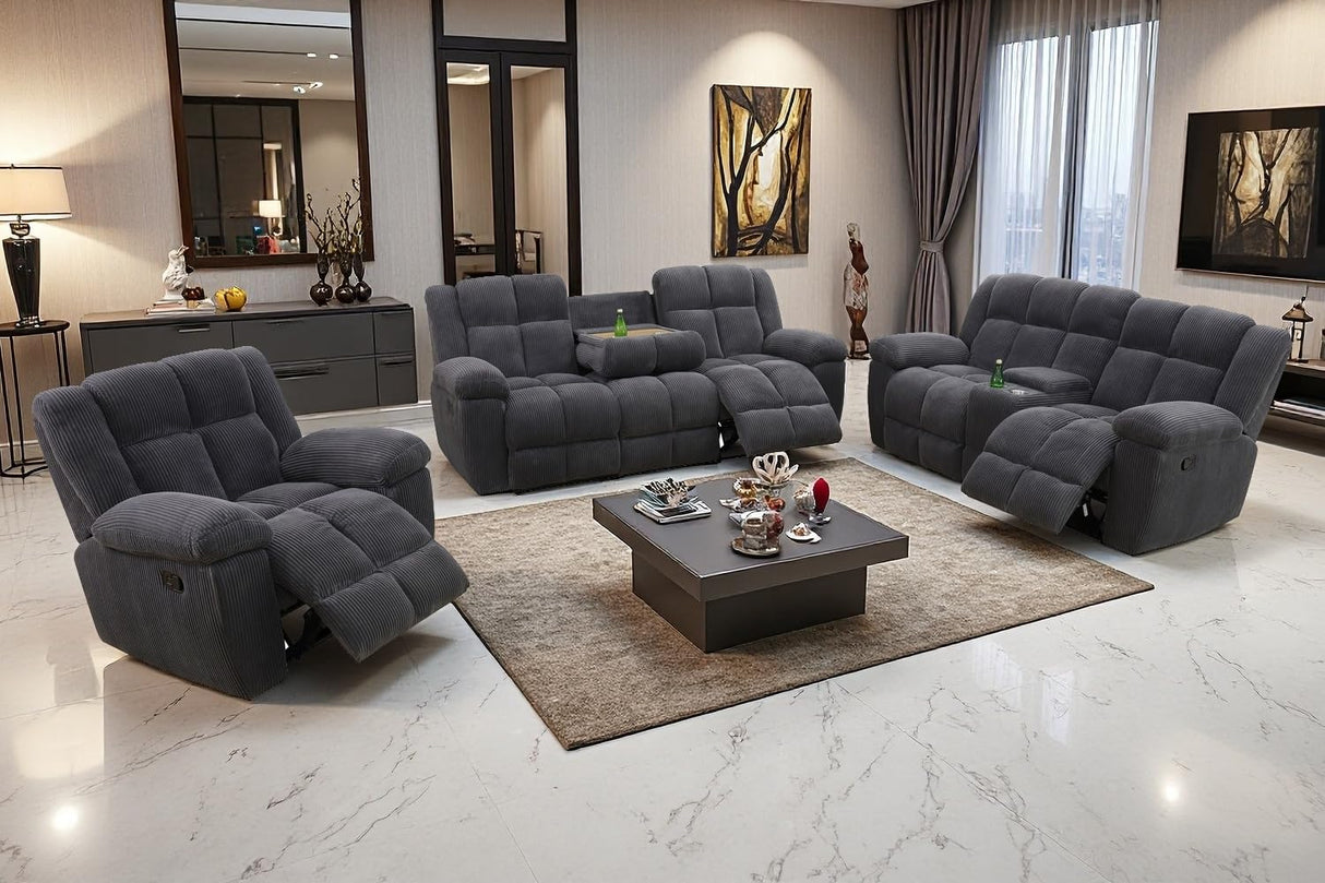A Ainehome Manual Recliner Sofa Set, Corduroy Recliner Loveseat, Living Room Furniture Set Modern Loveseat Sofa, Reclining Couches for Living Room/Office(3 Piece Set, Dark Grey) A Ainehome