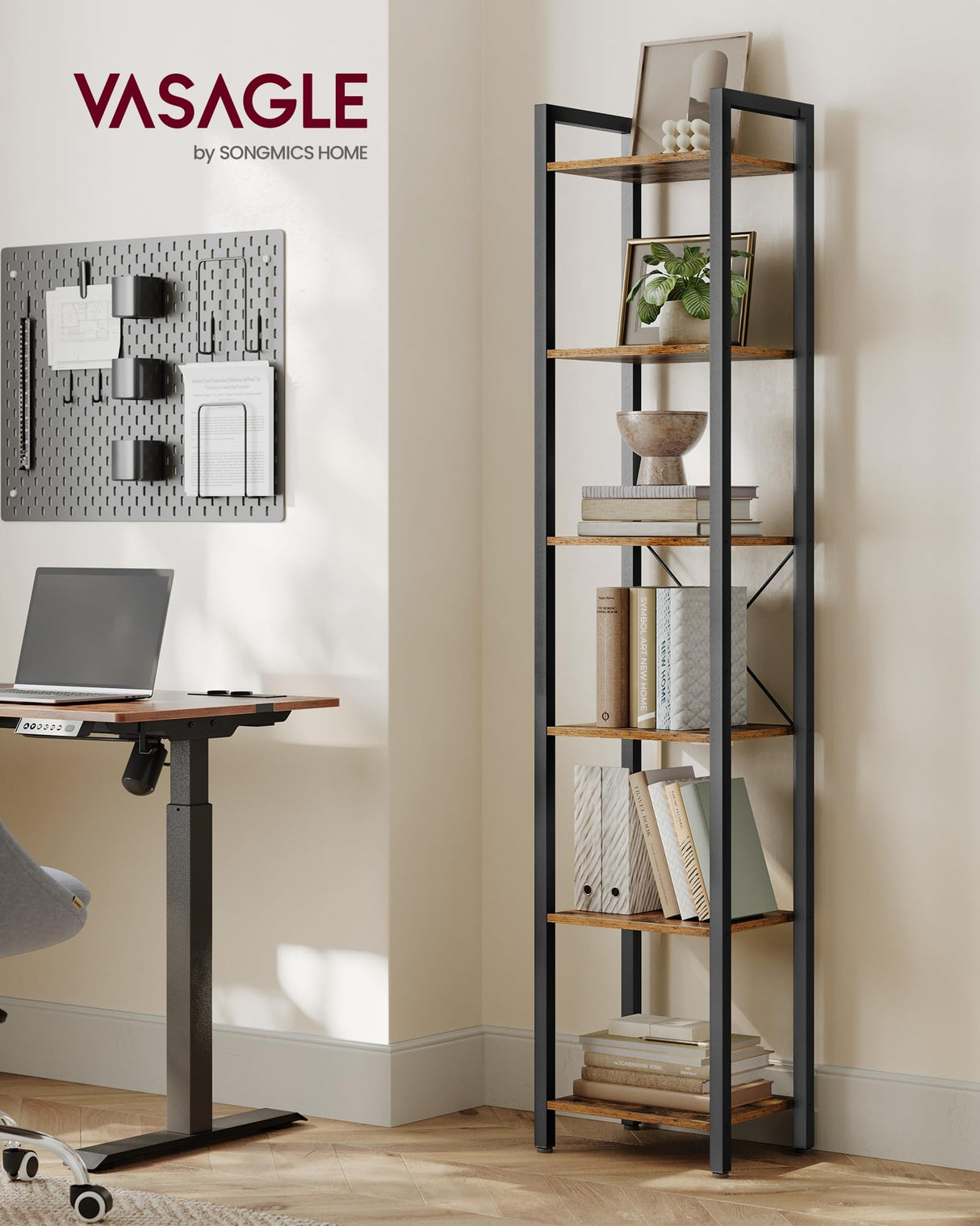 VASAGLE 6-Tier Bookshelf, Bookcase with Steel Frame, Book Shelf for Living Room, Home Office, Study, 11.8 x 15.7 x 73.2 Inches, Industrial Style, Rustic Brown and Ink Black ULLS101B01 VASAGLE