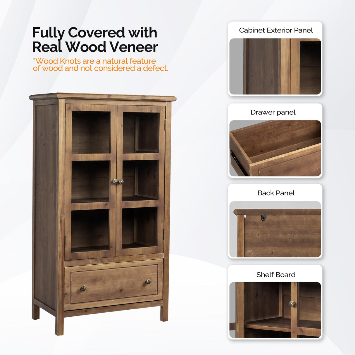 VINGLI Storage Cabinet with Glass Doors and Drawer, Glass Display Cabinet Display Case, Rustic Storage Cabinet with Doors and Shelves, Showcase Display Cabinet w/Cedar Finish & Solid Wood Leg,Walnut VINGLI