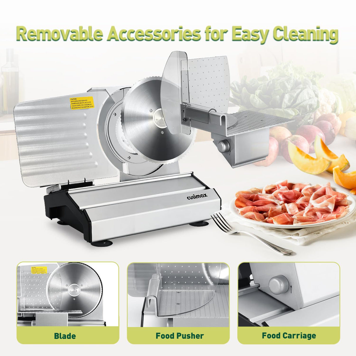 CUSIMAX Electric Meat Slicer for Home,Two 7.5''Stainless Steel Blades,1-20mm Adjustable Thickness,Easy to Cut Various Foods,Removable Food Carriage for Easy Cleaning CUSIMAX