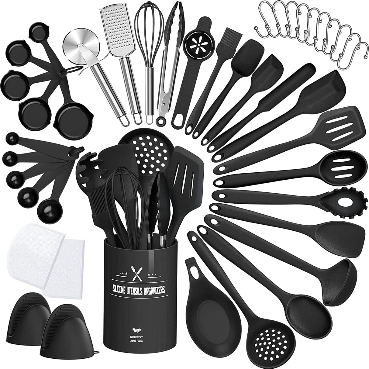 43 Pcs AIKKIL Kitchen Utensils Set, Heat Resistant Silicone Cooking Kitchen Utensils Set with Holder, Spoon, Spatula, Kitchen Gadgets Tools Set For Nonstick Cookware, Dishwasher(BPA Free, Black) AIKKIL