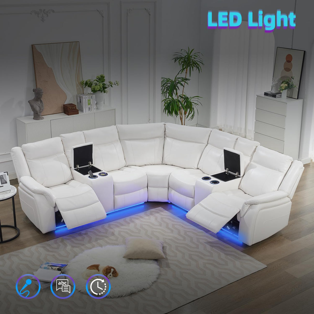 TODRANI Power Reclining Sectional Sofa 5 Seater, Faux Leather Reclining Sectional Couches for Living Room with Wall Hugger Recliner, L Shaped Furniture Sofa Sets with LED Light, USB Port, White TODRANI