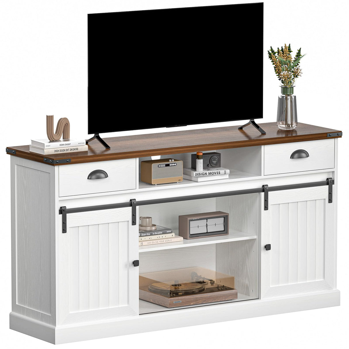 AntsandAnts Farmhouse TV Stand with Sliding Barn Doors & 2 Drawers - Entertainment Center for 65 inch TV, Rustic TV Console with Storage, Living Room TV Cabinet for 65" Television, White AntsandAnts