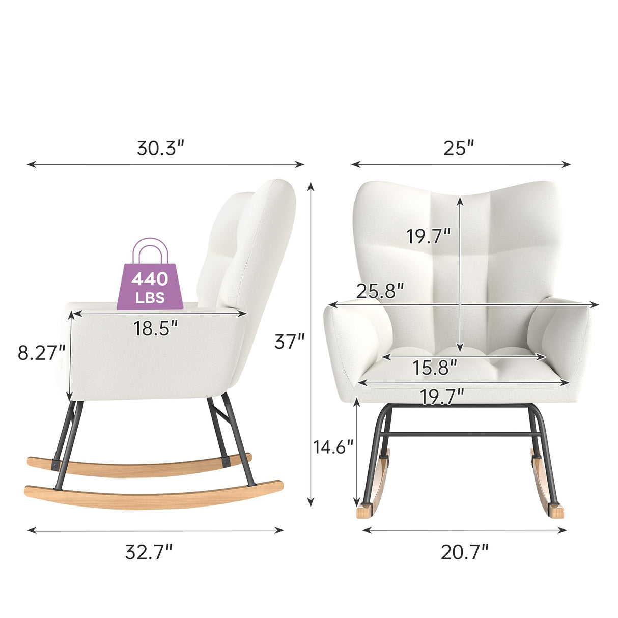 Murago Rocking Chair Nursery, Nursery Rocking Chairs, Baby Rocker, Glider Rocker, Safety Anti Tip Design, 440 Lb. Capacity, Cotton Fabric Cover, White Murago