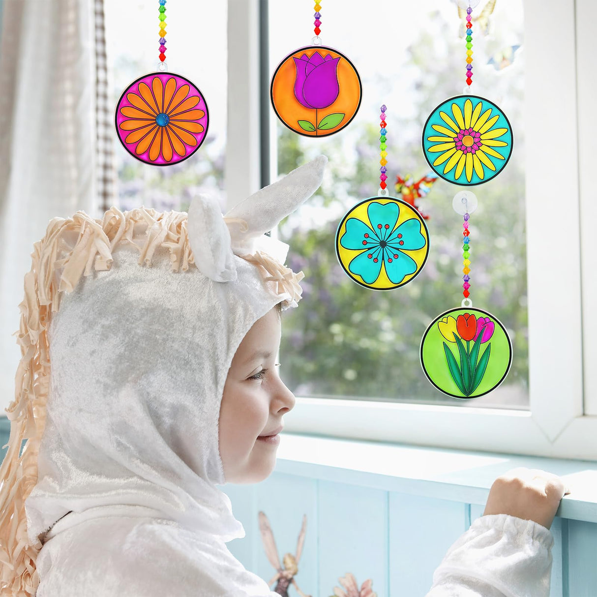 Winlyn 24 Set Spring Flower Suncatchers Ornaments Decorations DIY Window Paint Art Kit for Kids Classroom Activities Party Favors Winlyn