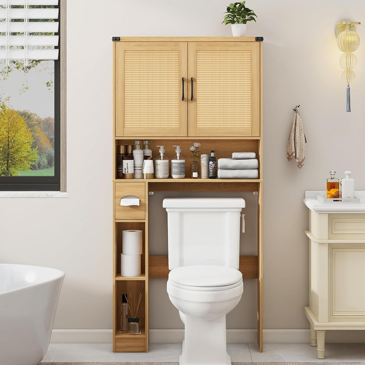 Over The Toilet Storage Cabinet, Farmhouse Rattan Storage Cabinet Over Toilet with 2 Rattan Barn Doors & Home Space-Saving Toilet Rack, for Bathroom, Restroom, Laundry Vabches