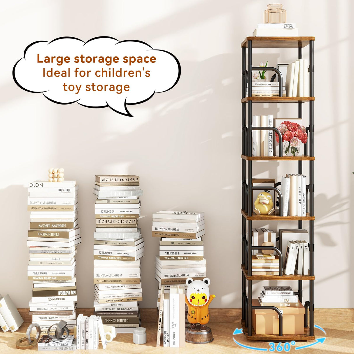 IBUYEK 6 Tier Square Rotating Bookshelf, 360° Spinning Bookcases Tower,Freestanding Corner Bookshelf with Rails,Industrial Swivel Bookcase Organizer for Bedroom, Living Room,Study,Brown,UTBC005H IBUYKE