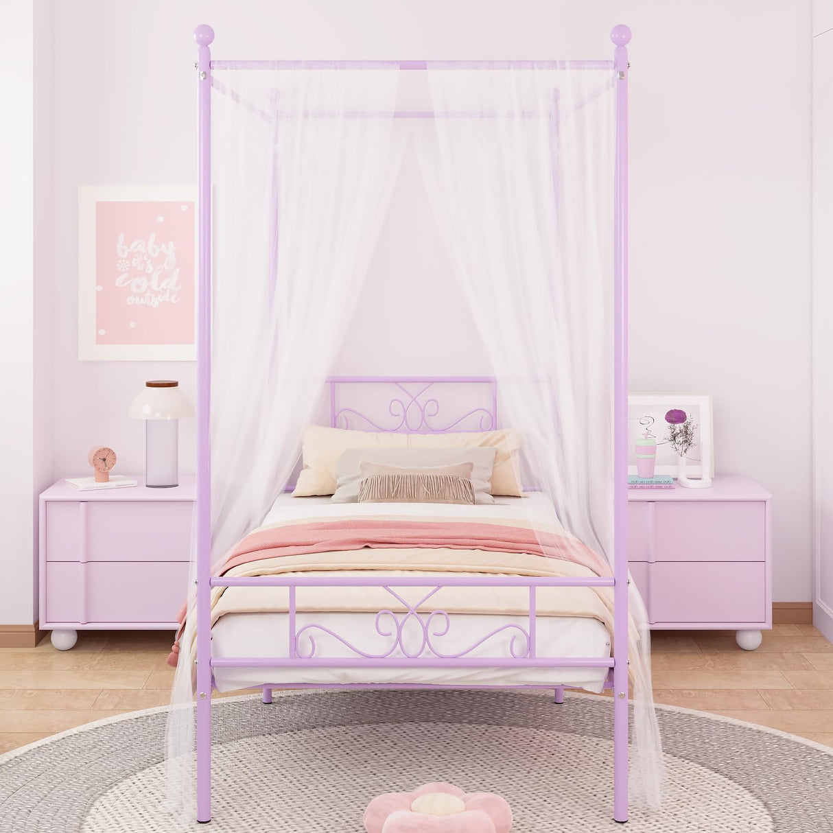 Weehom Twin Canopy Bed Frame with Headboard and Footboard, 4 Posters Metal Bed Frame, No Box Spring Needed, Mattress Foundation Platform Bed for Kids and Adults, Purple Weehom