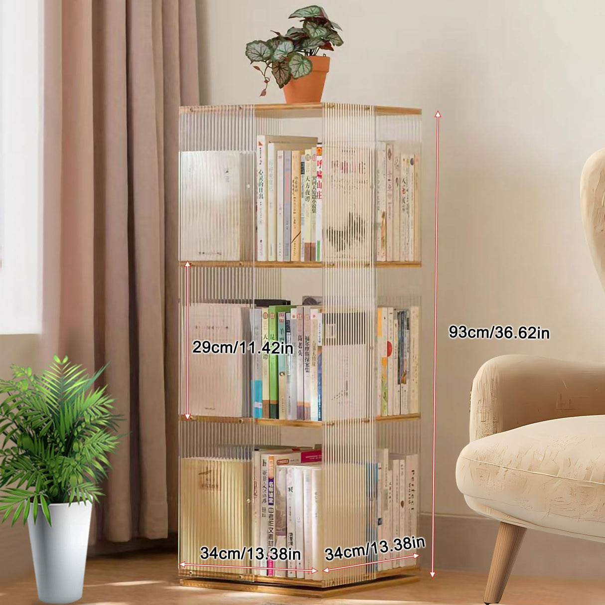 Huazzzyi 3 Tier Acrylic Rotating Bookshelf, 37IN Rotating Book Shelf Tower Acrylic 360 Rotating Bookshelf for Living Room, Study Room Huazzzyi