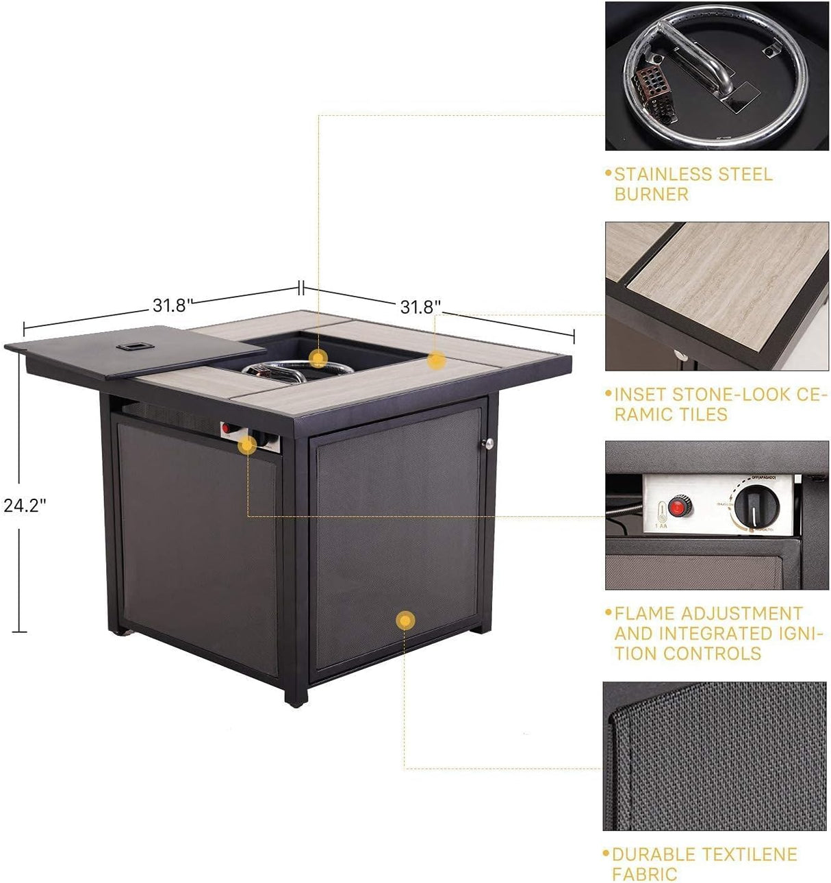 Grand patio 5-Piece Outdoor Furniture Conversation Sets with 32 Inch CSA Approved 40000 BTU Heat Propane Gas Fire Pit Table Outdoor Swivel Rocking Chair 4-Piece Black & Grey Plaid Dining Chair Set Grand patio