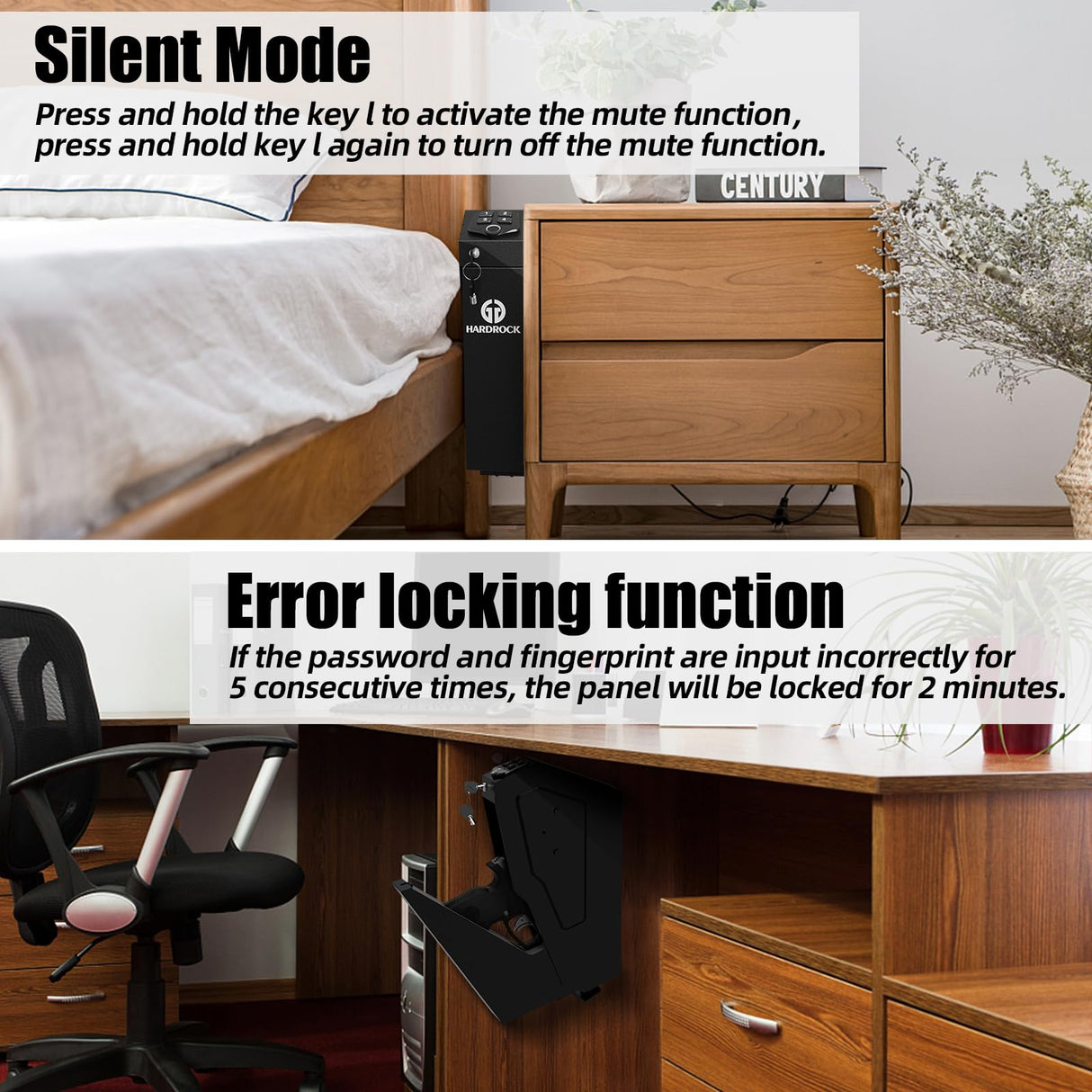 HARDROCK Gun Safe for Pistols, Biometric Wall Mounted Handgun Safe Box for Desk, Bedside,Truck,Drop Down Quick Access Security Safe with Fingerprint Keypad Lock for Home nightstand HARDROCK