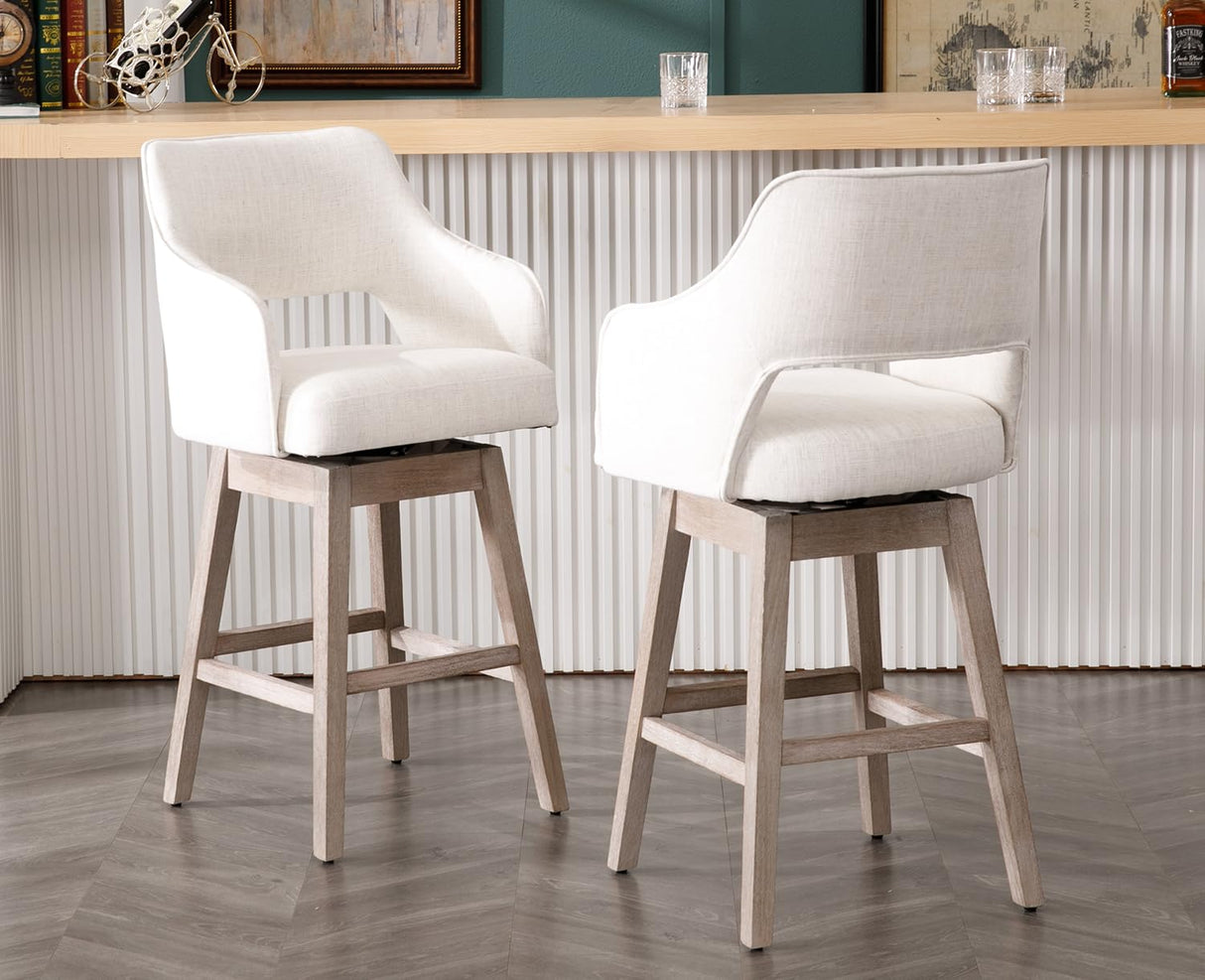 Kmax 28" Fabric Counter Height Bar Stools Swivel Farmhouse Bar Stools with Wood Legs Open Back Footrest for Kitchen Island, Set of 2- Cream Kmax