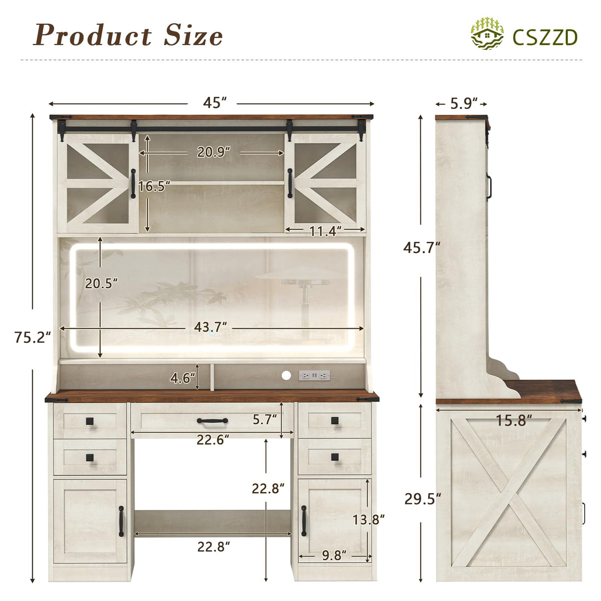 75.2" Farmhouse Vanity Desk with Mirror and Lights, Makeup Vanity Table with 5 Drawers & 2 Sliding RGB Door & Power Outlet, 3 Color Lighting Modes, Big Vanity for Bedroom, Antique White CSZZD