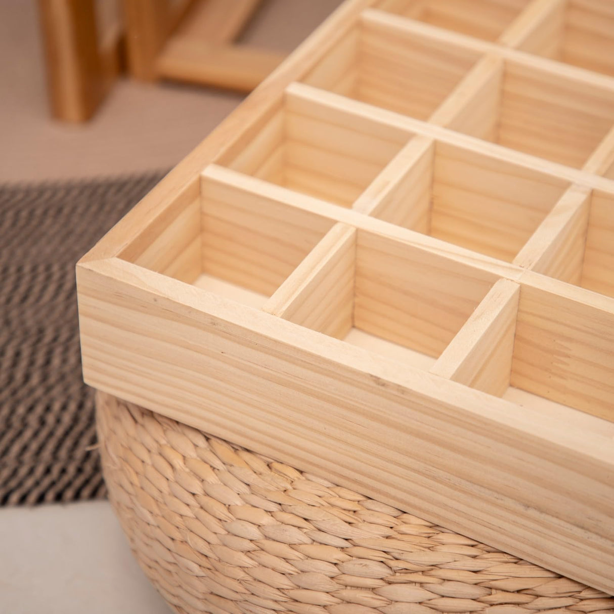 Unfinished Wooden Box with 8 Compartments for Crafts, Organizing, Storage and DIY, Unpainted Wooden Storage Box 13" x 13" x 3" in (16 Compartments) JJSQYLAN