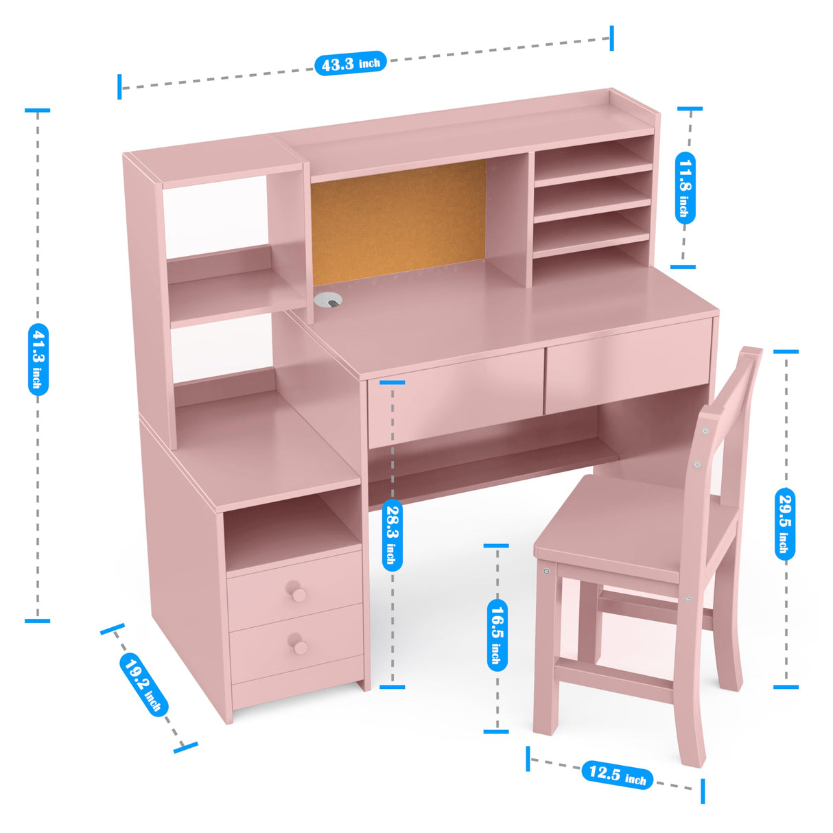 RUPOLX Pink Kids Desk and Chair Set for 5-12 Year Old, Childrens Computer Desk with 4 Drawers, Kids Study Table with Storage Shelf -3vj-40 RUPOLX