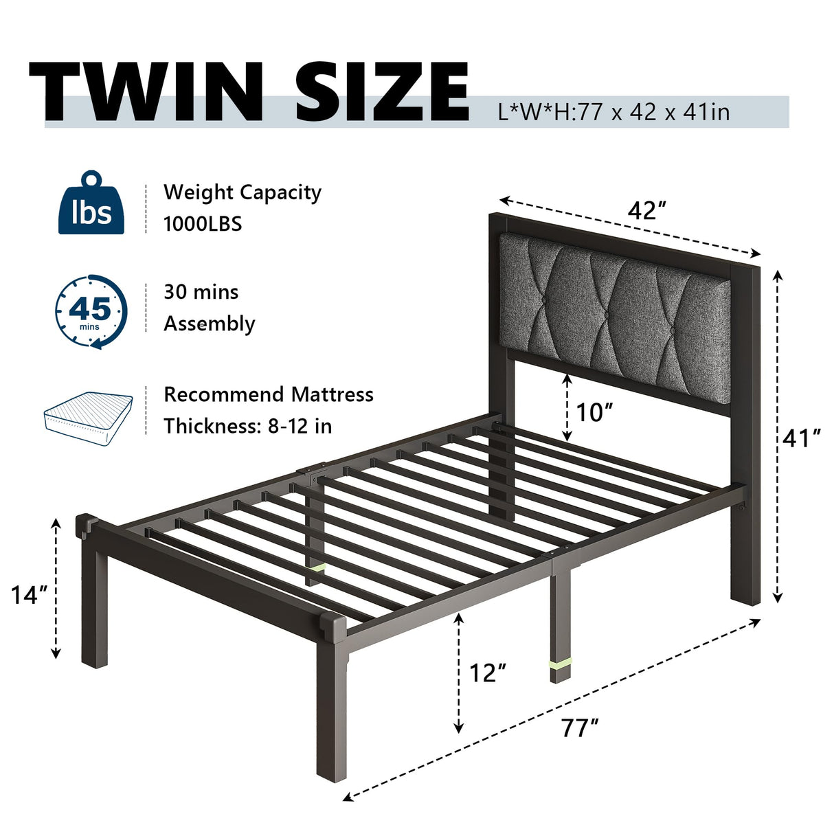 GalnFu Twin Metal Bed Frames, Upholstered Platform Bed Frame with Linen Button Tufted Headboard, No Box Spring Needed, Easy Assembly, Dark Grey GalnFu