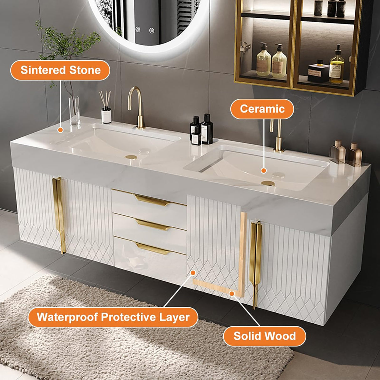 Weibath 59" Wall Mounted Bathroom Vanity Modern Bathroom Vanity with Double Sink & Drawers & Doors Faux Marble Top Weibath