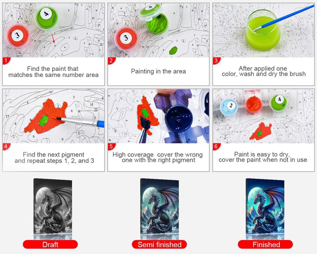 Paint by Numbers for Adults Fantasy Dragon Flying Under Moonlight DIY Art Kit with Pre Printed Canvas Acrylic Paints and Brushes for Stress Relief and Wall Decor 16x20 Inch TUMOVO