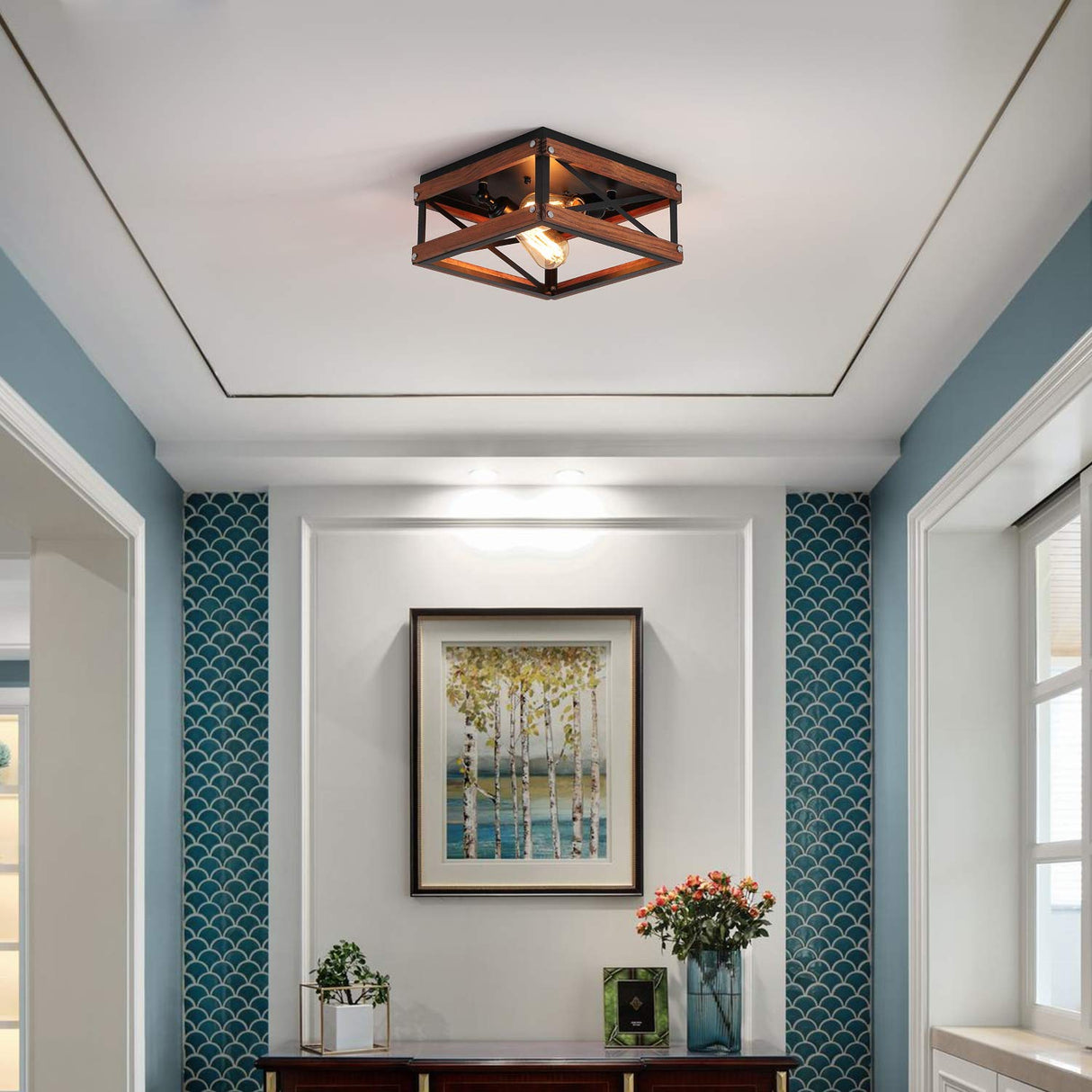 Rustic Farmhouse Flush Mount Light Fixture Two-Light Metal and Wood Square Flush Mount Ceiling Light for Hallway Bedroom Kitchen Entryway, Black Fivess Lighting