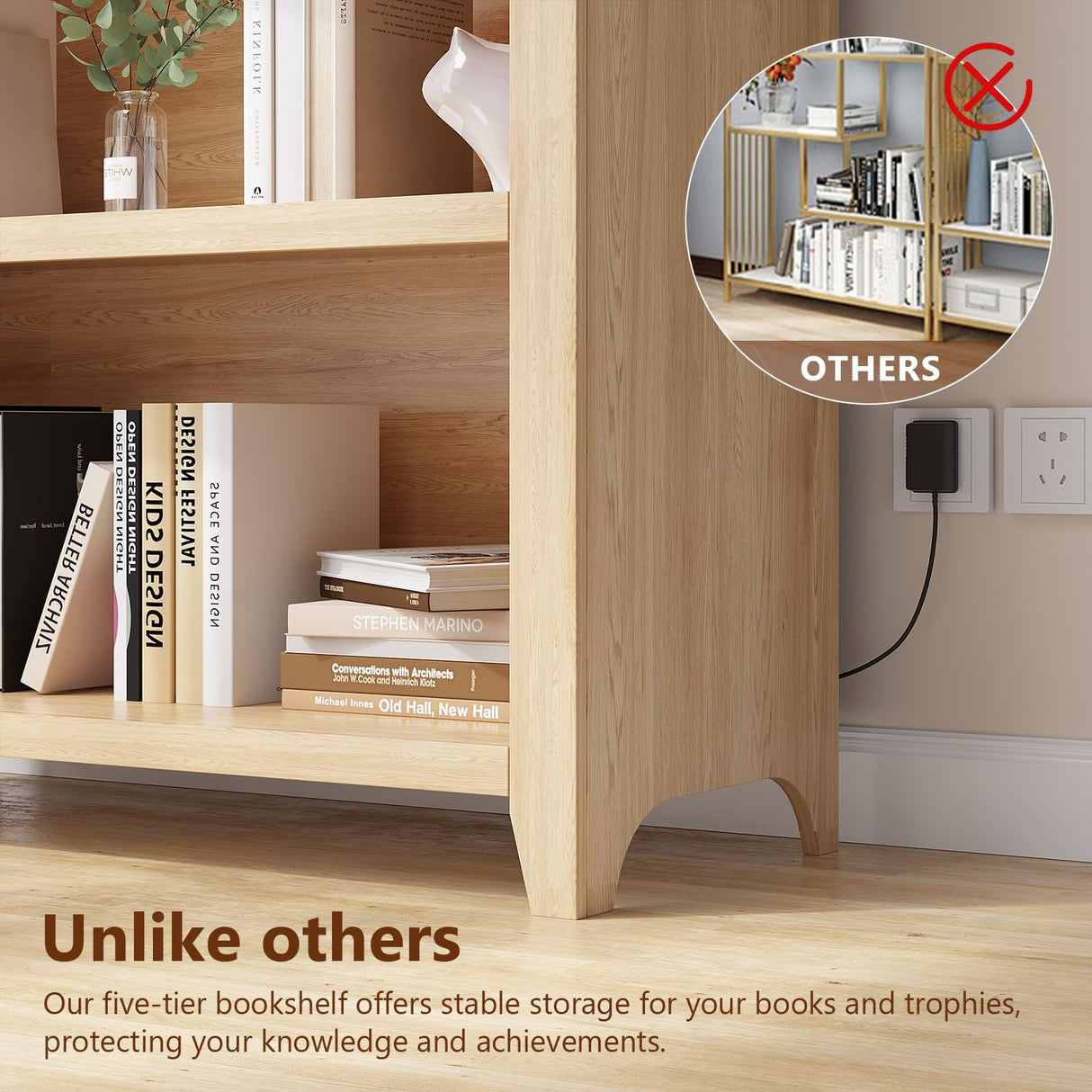 SKKTKT Arch Bookshelf - 5 Layers Bookcase with 3 Colors LED Sensor Lights and Thickened Wooden Design Display Shelf for Lego Books Bathroom Living Room - Ideal Gift (Wood) SKKTKT