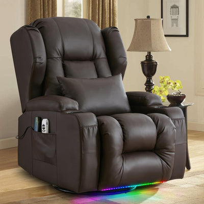 OQQOEE Power Recliner Chair,Electric Swivel Rocker Recliner,Glider Rocking Chairs Home Theater Seating with Massage Heat,Cup Holders,USB Ports for Living Room (Brown PU)