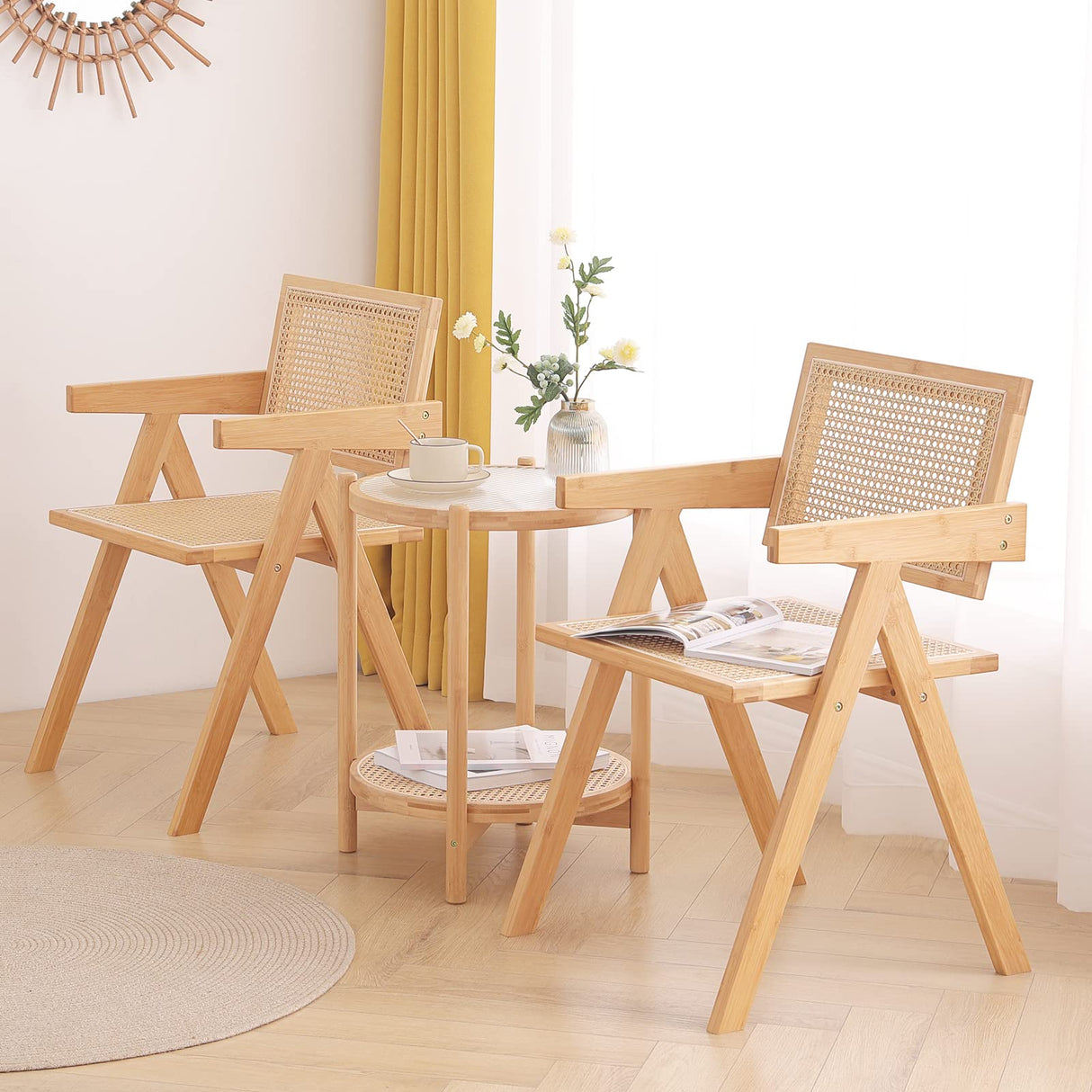 Furlide Rattan Dining Chairs Set of 2, Modern Mid Century Accent Chairs, Comfy Armchairs, Outdoor Rattan Chairs with Armrest for Bedroom Living Room Reading Room Dining Kitchen Furlide