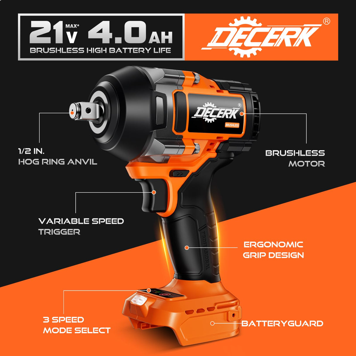 DECERK Cordless Impact Wrench Kit for Car, 1/2 Inch Driver, Brushless, 21V MAX, 650Ft-lbs (900N.m), Impact Gun with 2ร4.0Ah Battery, Power Electric Wrench for Truck Tire/House/Mower Decerk