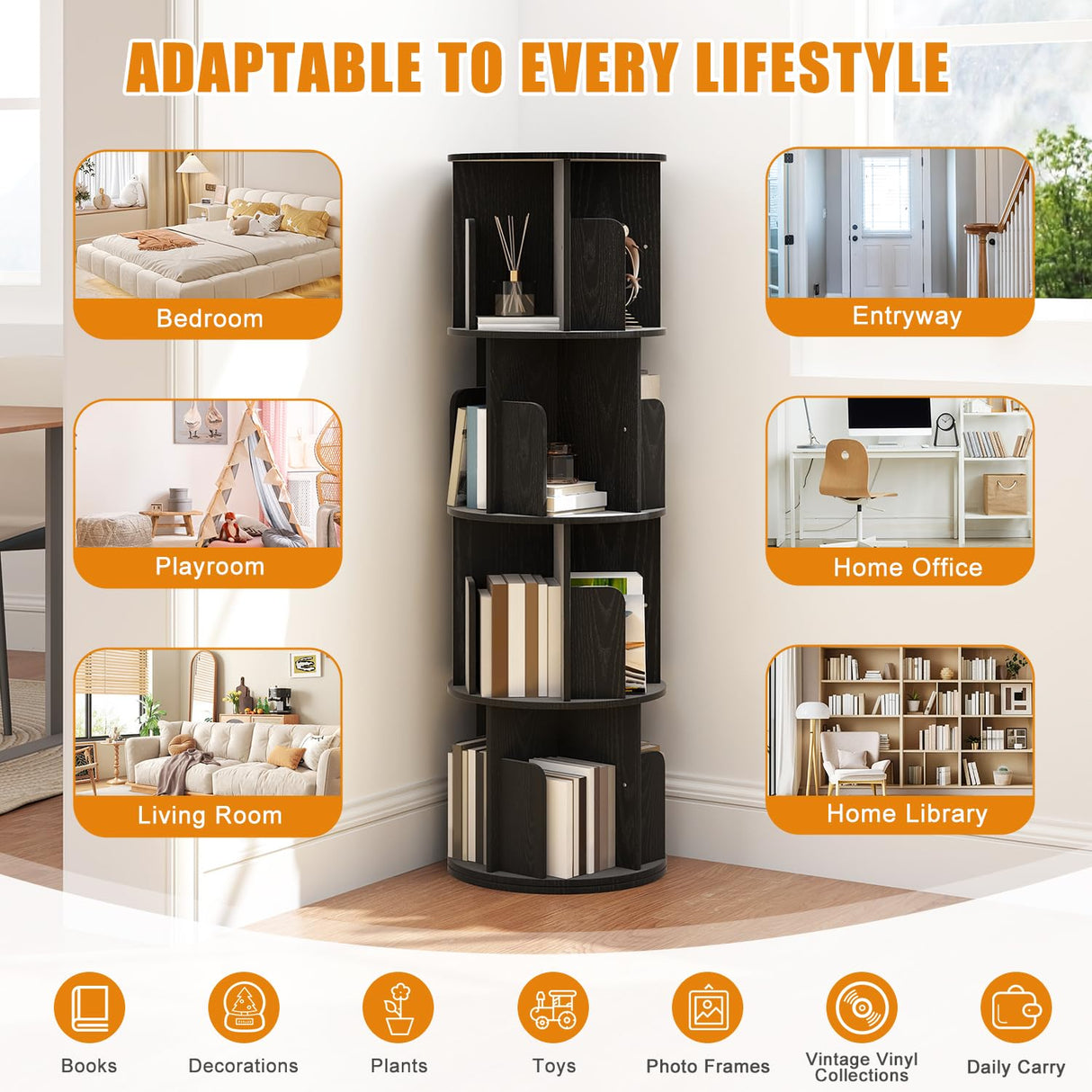 EROMMY Rotating Bookshelf, 4 Tier Spinning Bookshelf Tower, 360° Display Corner Round Bookcase for Small Space, Vertical Wood Narrow Book Shelf Organizer for Bedroom, Living Room, Black EROMMY