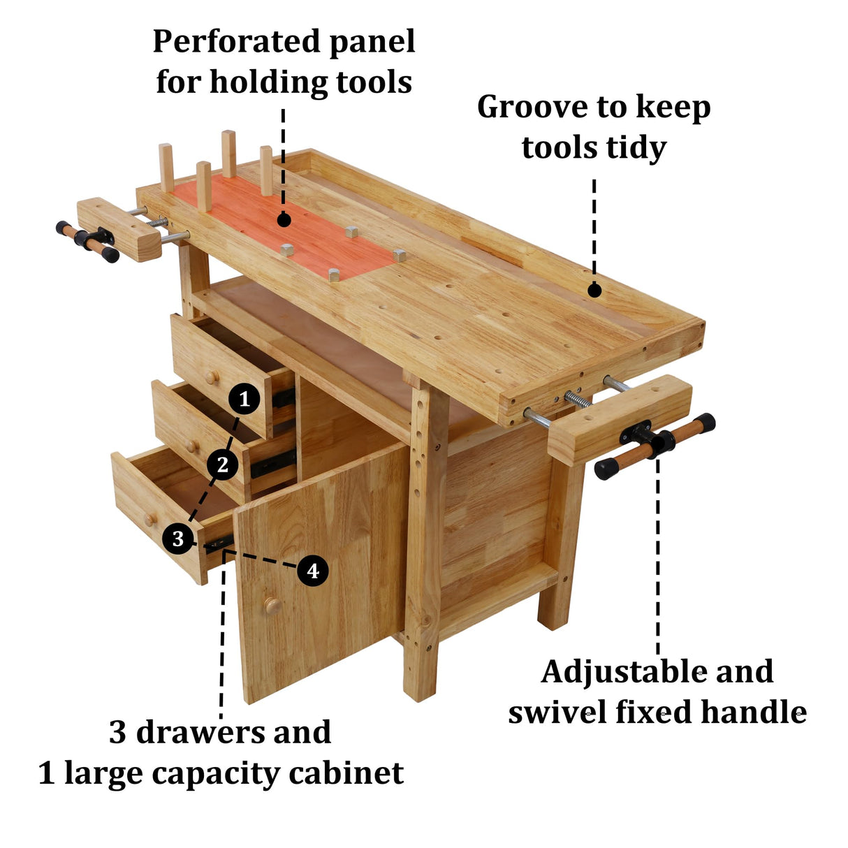 Olela Wood Workbench, Integrated Vise and Bench Dog Holes Garage Workbench with Drawers, 55 inches Heavy Duty Workbench Weight Capacity of 3300lbs (50"-3 Drawers and 1 Cabinet) Olela