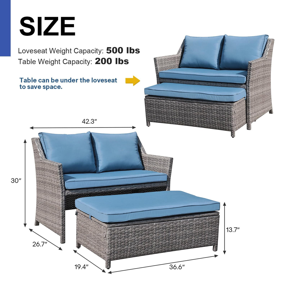 OC Orange-Casual 2-Piece Outdoor Patio Furniture Wicker Love-seat and Coffee Table Set, with Built-in Storage Bin, Grey Rattan, Navy Blue Cushions OC Orange-Casual