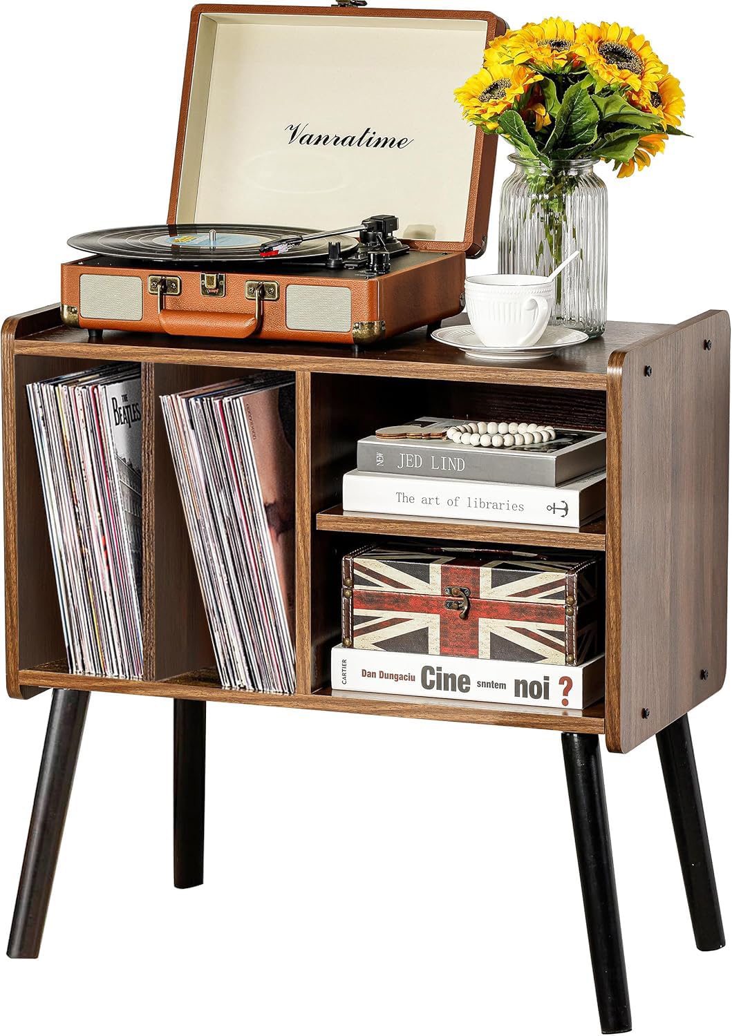 UODERS Record Player Table, Mid-Century Record Player Stand with Vinyl Storage Hold Up to 150+ Albums, Vinyl Record Cabinet with Adjustable Shelves, Wood Turntable Stand for Music Living Room (Oak) UODERS