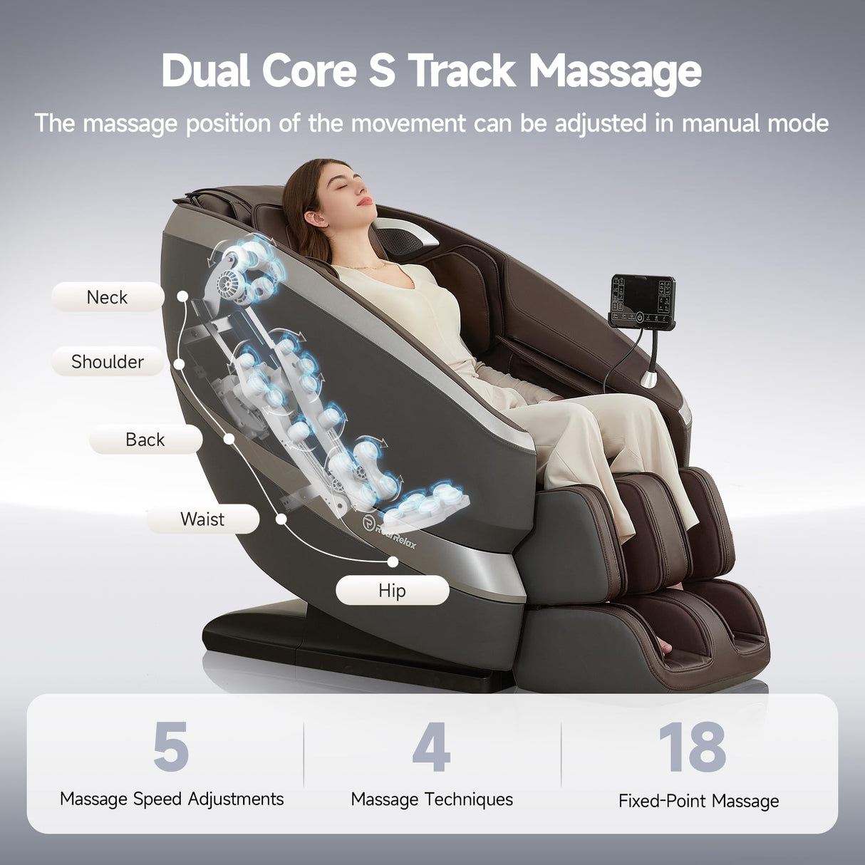 Real Relax Dual Core S Track Massage Chair,Full Body Recliner with Zero Gravity,Rocking Function,Back and Calf Heating,12 Auto Modes,Bluetooth,Foot Roller,Home or Office Use,Gray and Brown Real Relax