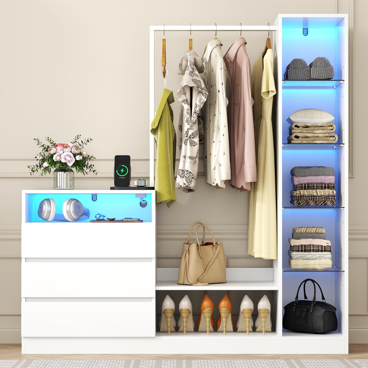 Dresser with Hanging Rack, 3 Drawers Dresser with Charging Station & LED Lights, 55" Chest of Drawers with Open Storage & Adjustable Shelves for Clothes, White Modern Dresser for Bedroom, Closet Gyfimoie
