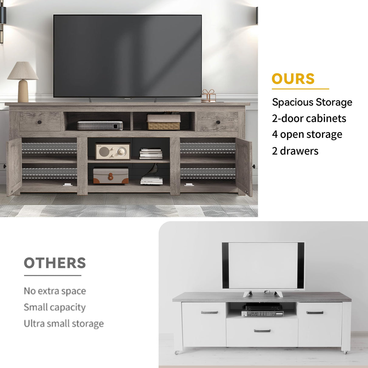 DWVO Farmhouse TV Stand for 75 Inch TV, Entertainment Center with Storage Cabinets, Media Console, TV Table with Drawers, TV Stands for Living Room, Grey Oak DWVO