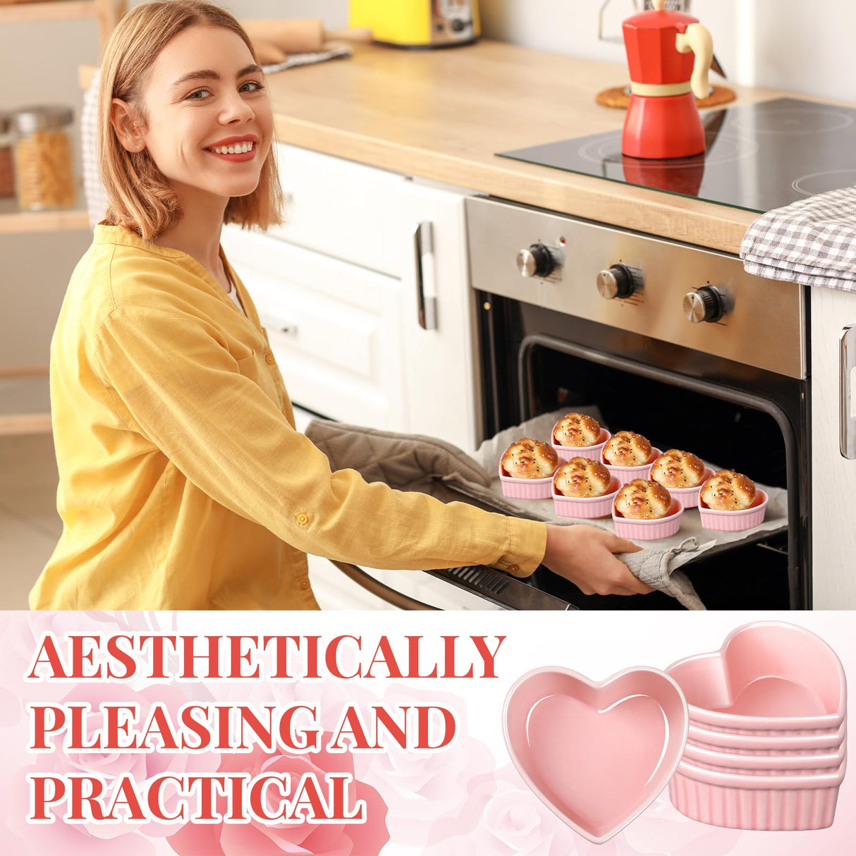 Reallnaive 8 Pcs Heart Shaped Ramekin Creme Brulee Ramekins Oven Safe 3.54 x 3.54 x 1.57 Inch Heart Shaped Bowl Small Baking Ceramic Ramekins Dishes for Souffle Snacks Quiche Appetizers Sauces(Pink) Reallnaive