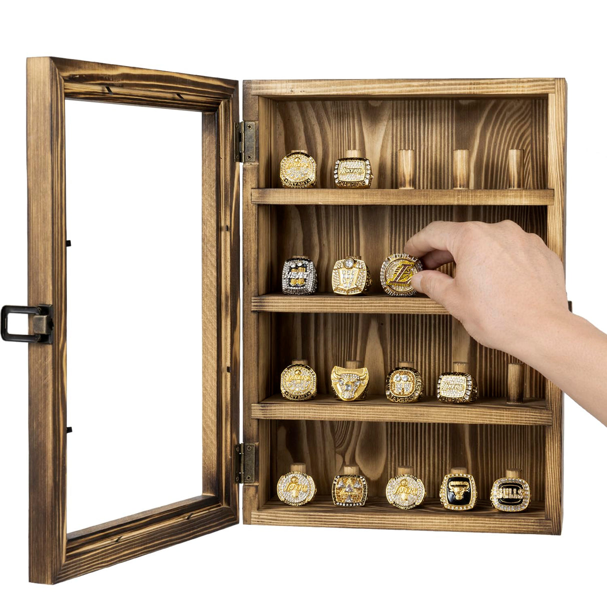 MyGift 4-Tier Wall Mounted Rustic Burnt Solid Wood Sports Championship Ring Holder with Metal Latch Closure, 20-Peg Fraternity, Class Rings Display MyGift