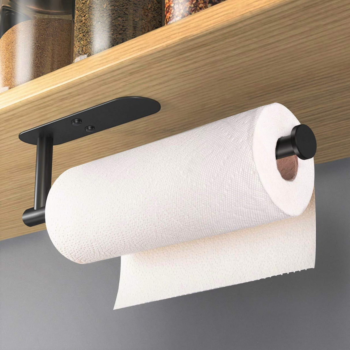 VAEHOLD Adhesive Paper Towel Holder Under Cabinet Wall Mount for Kitchen Paper Towel, Black Paper Towel Roll Holder Stick to Wall, SUS304 Stainless Steel(Black) VAEHOLD
