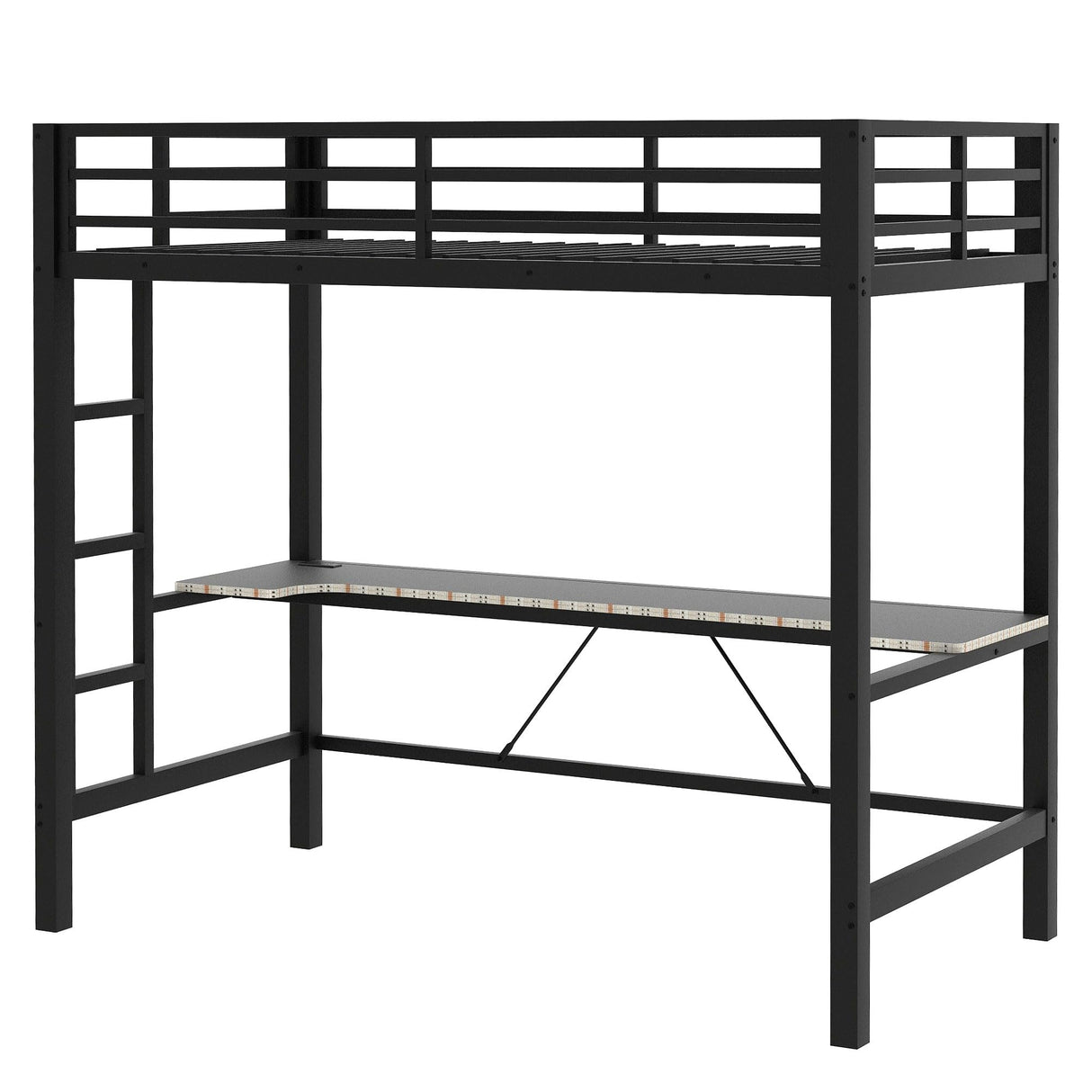 RuiSiSi Twin Size Metal Loft Bed with LED Light and Desk, Black Loft Bed with Storage for Kids, Noise Free RuiSiSi