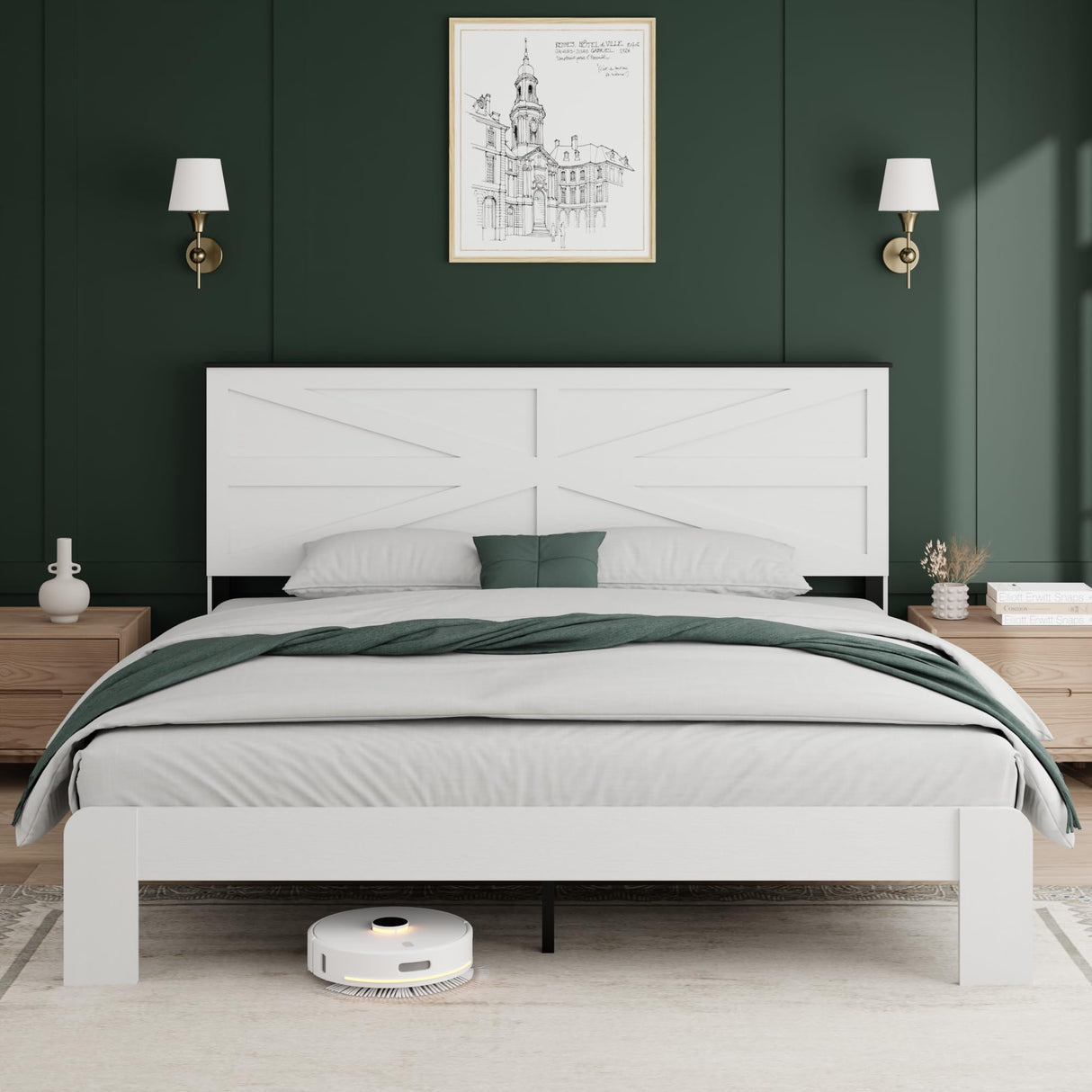 PAUKIN King Size Farmhouse Wooden Bed Frame with Headboard, Boho Platform Bedframe Sturdy Metal Slats Support, Spring Needed, Noisy Free, Easy Assembly (King, White) PAUKIN