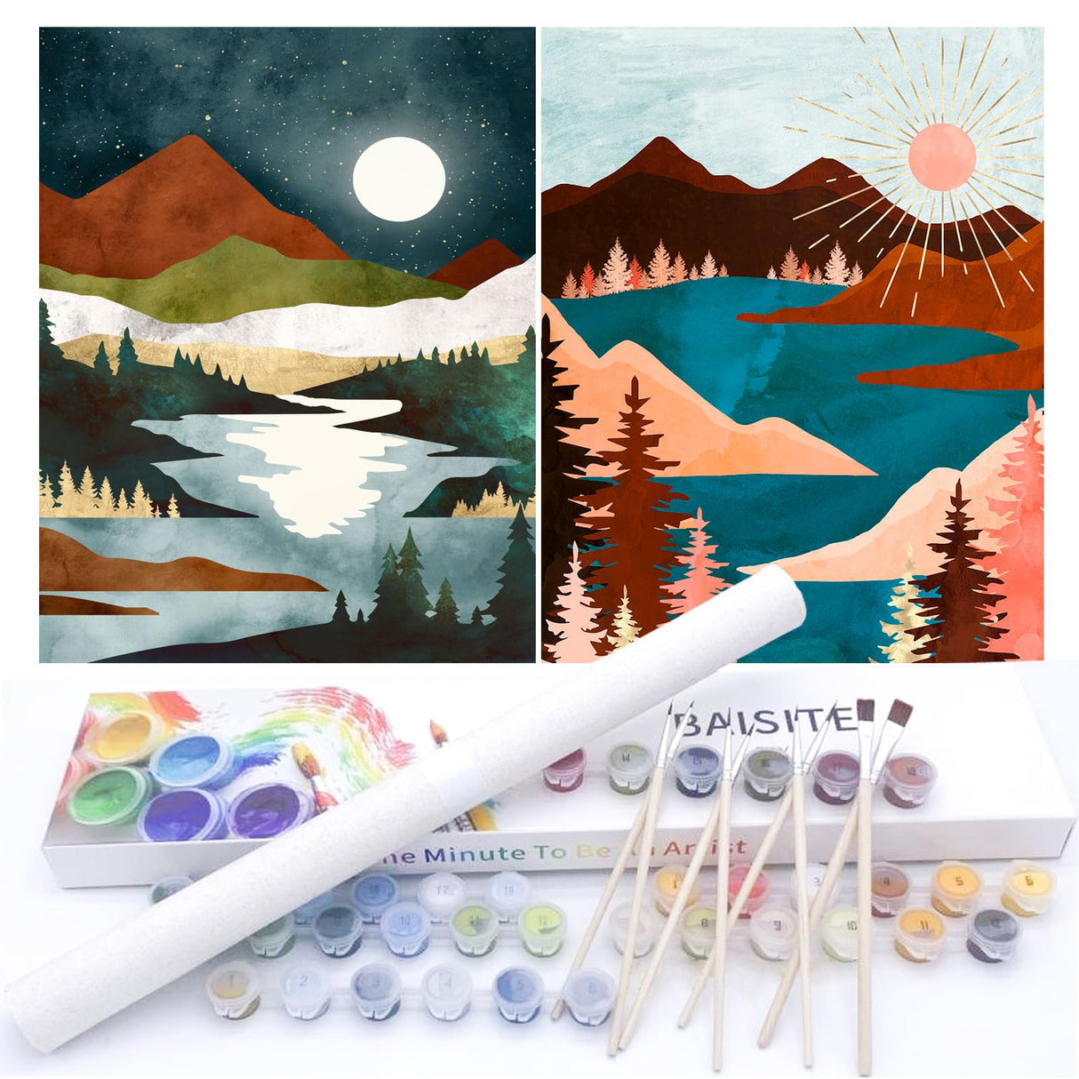 BAISITE Paint by Numbers Kit for Adults Beginners,12" Wx16 L 2 Pack Canvas for Painting Kits for Adults in Colorful Box-Sunrise Lake Mountains 6970 BAISITE