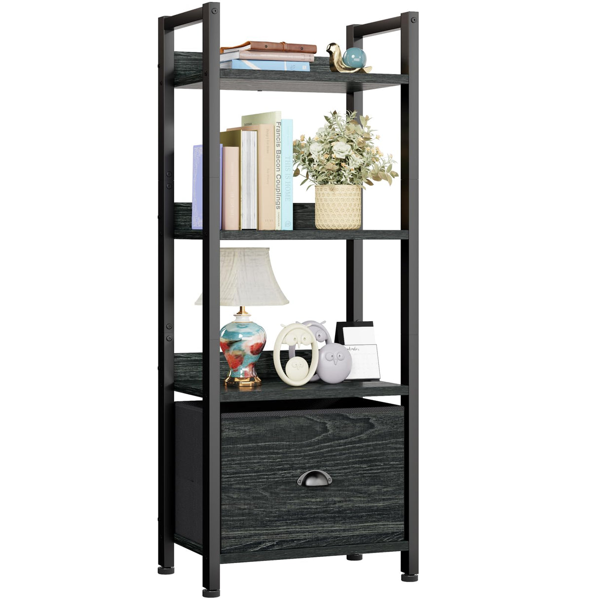 Furologee 4 Tier Bookshelf with Drawer, Small Narrow Bookcase, Wood and Metal Standing Shelf Unit, Industrial Display Storage Shelves Organizer for Bedroom, Living Room, Entryway, Black Furologee