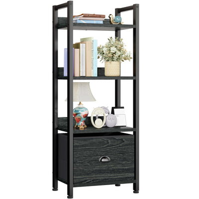 Furologee 4 Tier Bookshelf with Drawer, Small Narrow Bookcase, Wood and Metal Standing Shelf Unit, Industrial Display Storage Shelves Organizer for Bedroom, Living Room, Entryway, Black