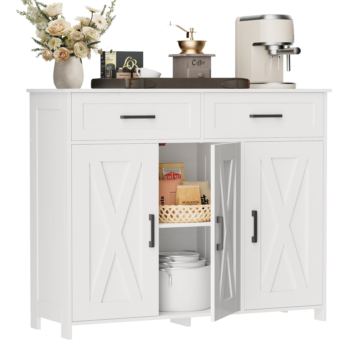 Homhedy Sideboard Buffet Cabinet, Coffee Bar Storage Cabinet with Drawers and Doors, Farmhouse Kitchen Cabinet with Adjustable Shelves, for Kitchen, Dining Room, Living Room, White Homhedy