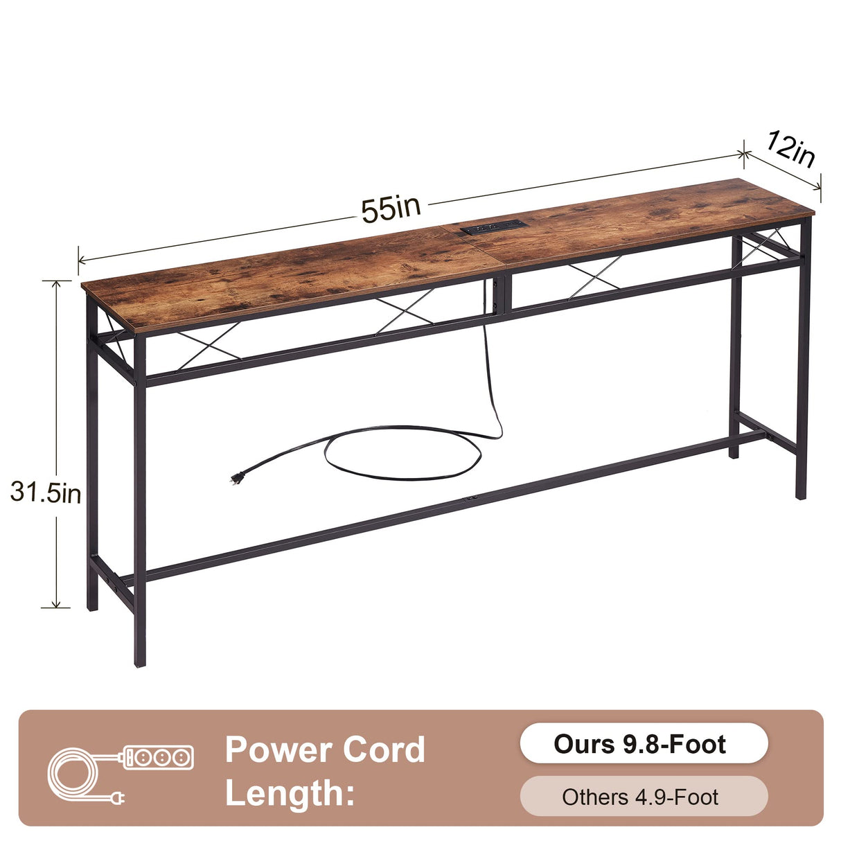 VECELO 55In Extra Long Narrow Sofa/Console Table with Charging Station & Power Outlet and USB Ports, for Entryway, Living Room, Office, Industrial, Brown VECELO