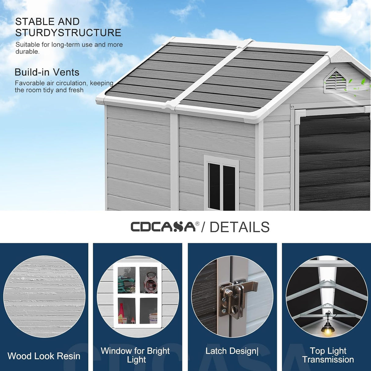 CDCASA 6x4 FT Outdoor Storage Shed, Waterproof Resin Shed with Floor & Lockable Door & Window & Vents, Plastic Tool Shed for Outside, Patio, Poolside, Dove Grey CDCASA