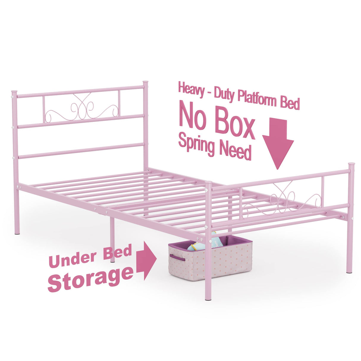 Weehom Metal Platform Bed Frame with Headboard and Footboard Under Storage 12.7Inch Twin Size Beds Mattress Foundation Pink Weehom