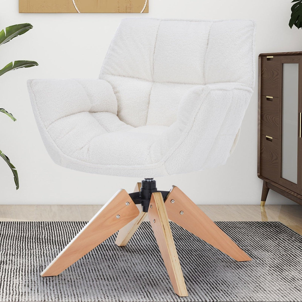 SOERGO Mid Century Accent Chair, Lambs Wool Vanity Chair Modern Cozy Desk Chair no Wheels with Amrest, Wood Legs for Living Room, Reading Room, Bedroom, White SOERGO