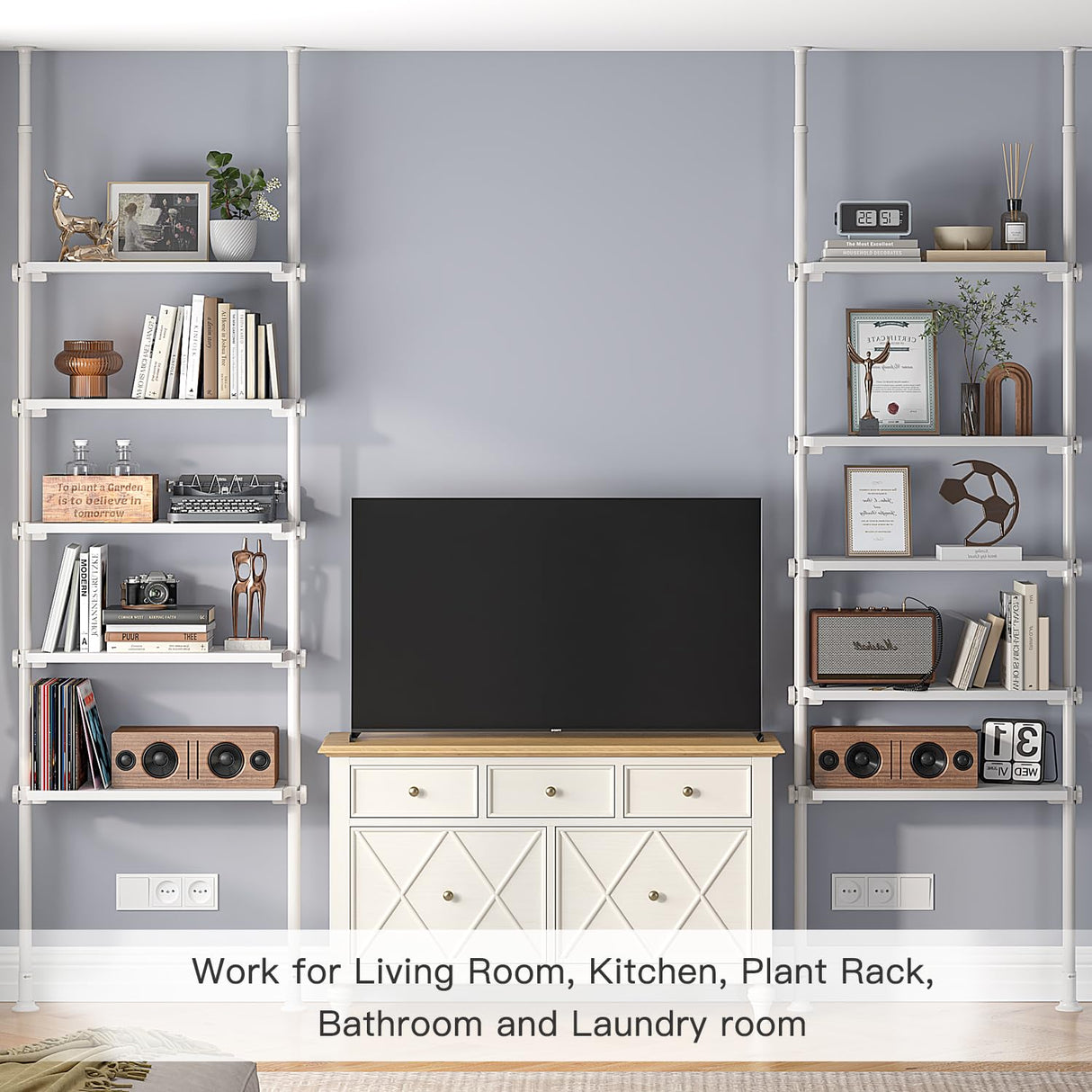 ALLZONE 5 Tiers Narrow Bookshelf, Tall Adjustable Ladder Book Shelf with Open Storage, Floor to Ceiling Tension Mount, Wooden Industrial Bookcase for Living Room, 92 to 116 Inch, White ALLZONE