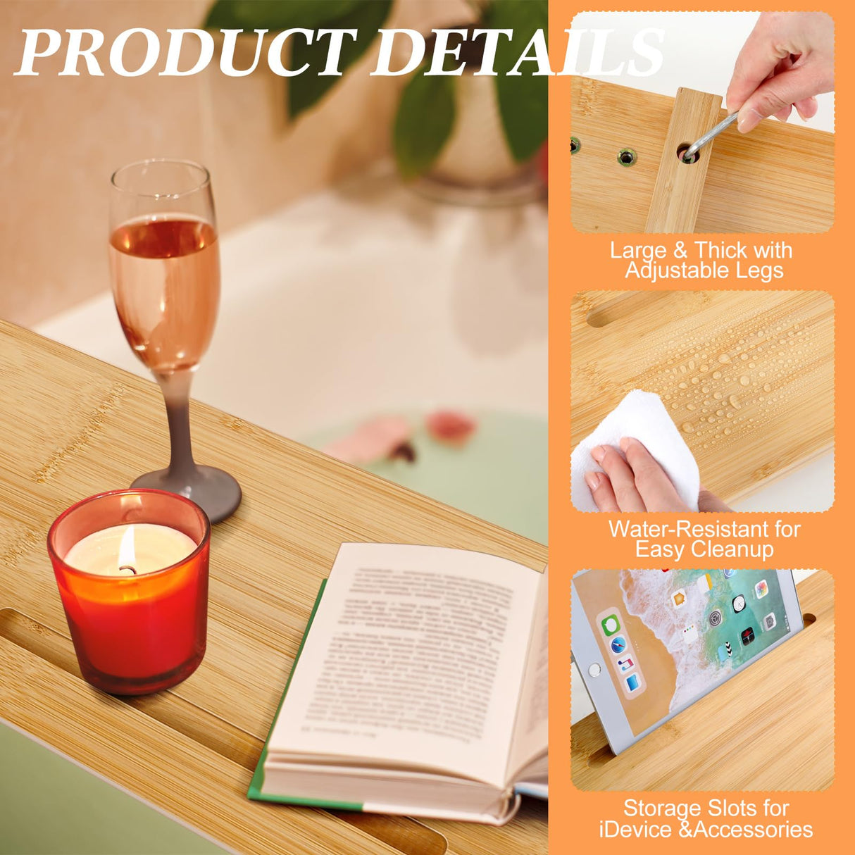 Wenqik Bathtub Tray Bamboo Wood Bath Tray Large Bath Tub Tray Table Bathtub Tray Caddy Bathtub Accessories Anti Tipping for Bathtub Bathroom Spa Wenqik